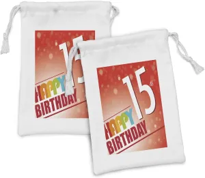 Ambesonne 15th Birthday Fabric Pouch Set of 2, Happy Fifteenth Birthday Concept with Greetings Rays Colorful Retro Style, Small Drawstring Bag for Toiletries Masks and Favors, 9" x 6", Multicolor