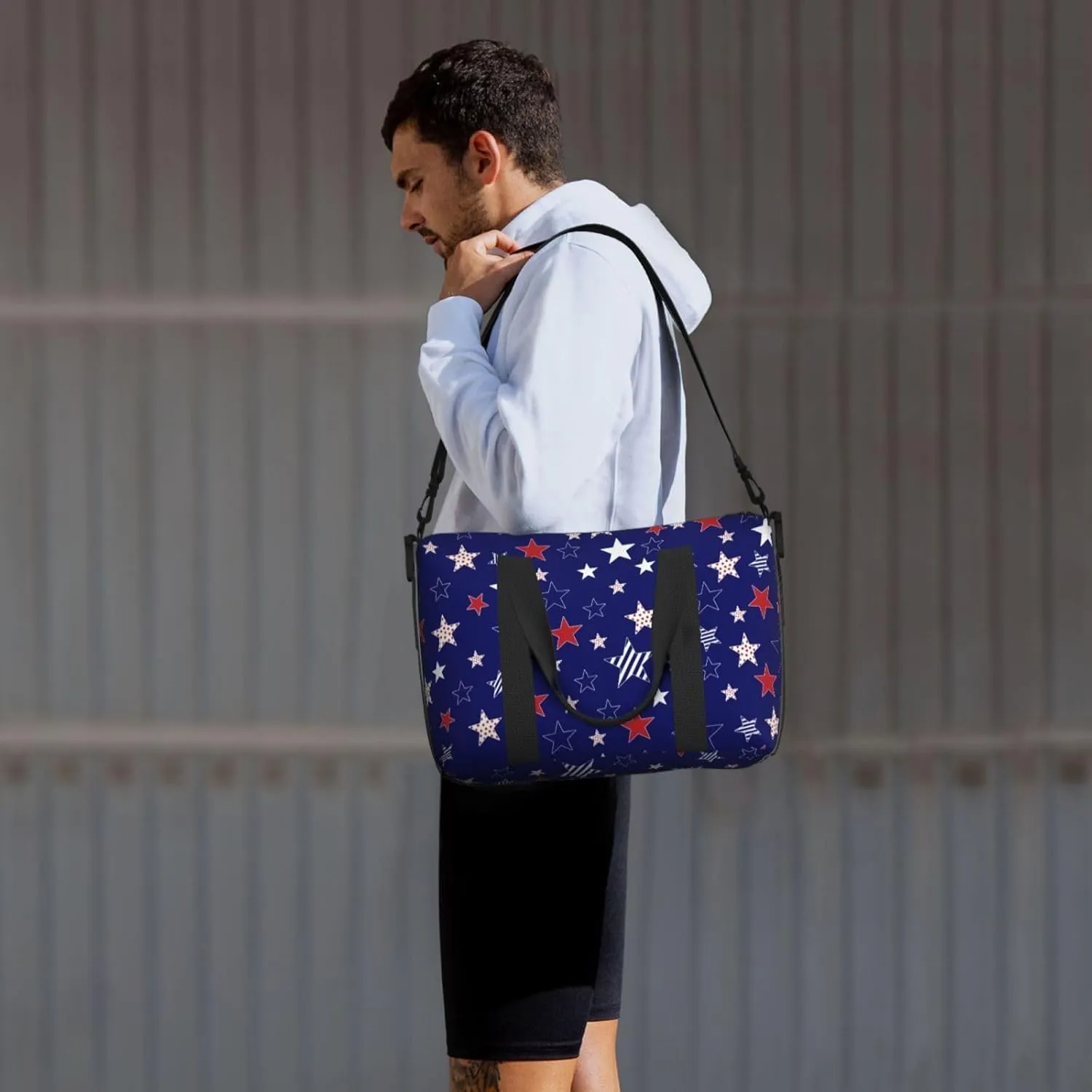American Flag Travel Duffel Bags for Women Men, Sports Training Gym Bag Dance Bag with Adjustable Shoulder Strap Colorful Stars Weekender Overnight Bag