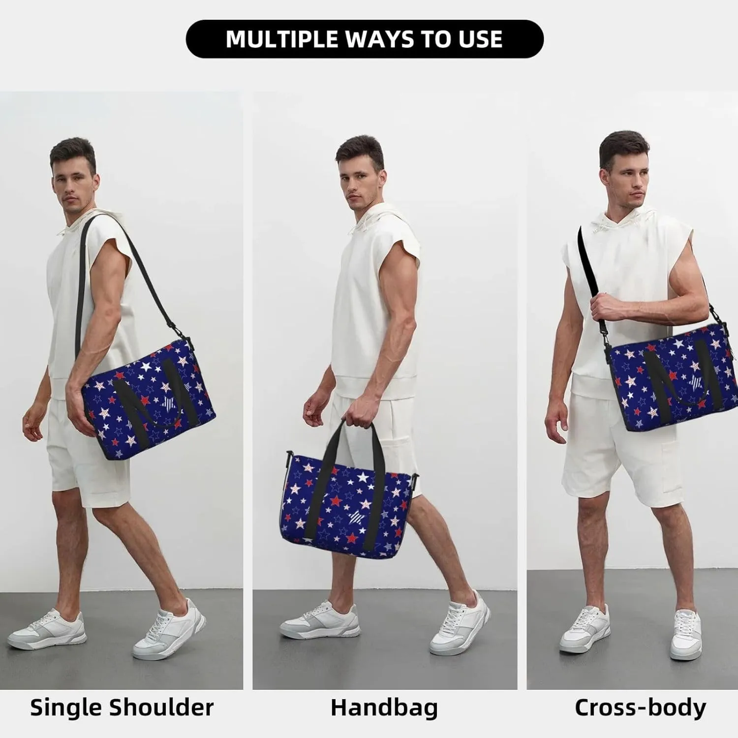 American Flag Travel Duffel Bags for Women Men, Sports Training Gym Bag Dance Bag with Adjustable Shoulder Strap Colorful Stars Weekender Overnight Bag