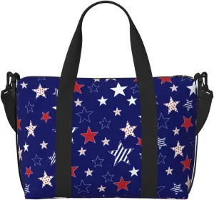 American Flag Travel Duffel Bags for Women Men, Sports Training Gym Bag Dance Bag with Adjustable Shoulder Strap Colorful Stars Weekender Overnight Bag