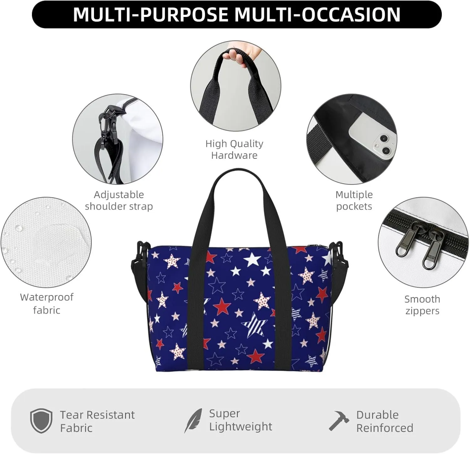 American Flag Travel Duffel Bags for Women Men, Sports Training Gym Bag Dance Bag with Adjustable Shoulder Strap Colorful Stars Weekender Overnight Bag