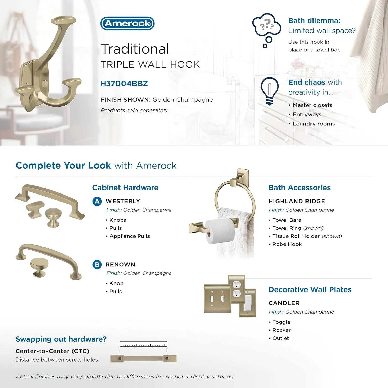 Amerock H37004BBZ | Vicinity Triple Prong Decorative Wall Hook | Golden Champagne Hook for Coats, Hats, Backpacks, Bags | Hooks for Bathroom, Bedroom, Closet, Entryway, Laundry Room, Office