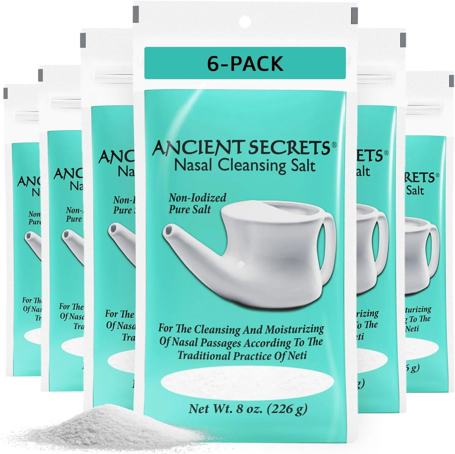 ANCIENT SECRETS Nasal Cleansing Salt, Non-Iodized, 6-Pack – USP-Grade Sodium Chloride for Any Neti Pot, Sinus Irrigation System, 8 Oz Ea