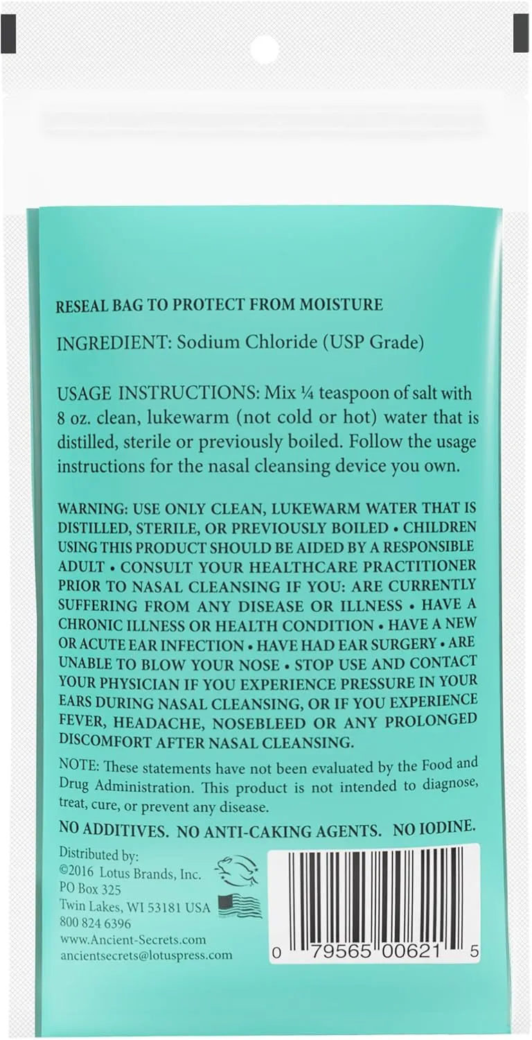 ANCIENT SECRETS Nasal Cleansing Salt, Non-Iodized, 6-Pack – USP-Grade Sodium Chloride for Any Neti Pot, Sinus Irrigation System, 8 Oz Ea