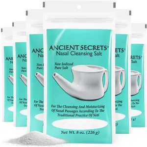 ANCIENT SECRETS Nasal Cleansing Salt, Non-Iodized, 6-Pack – USP-Grade Sodium Chloride for Any Neti Pot, Sinus Irrigation System, 8 Oz Ea