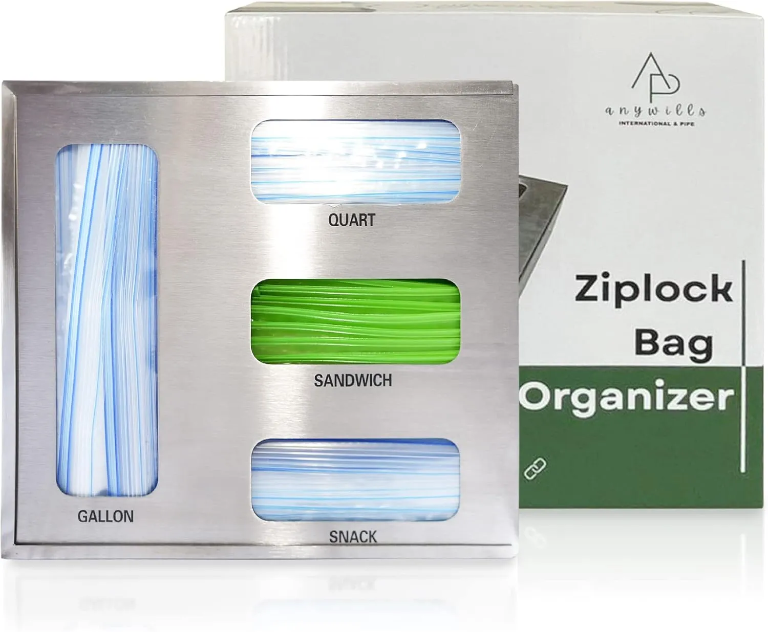 Anywills Silver Stainless Steel Ziplock Bag Organizer for Kitchen Drawer, Compatible with Gallon, Quart, Sandwich and Snack Variety Size Bags (1 Box 4 Slots)