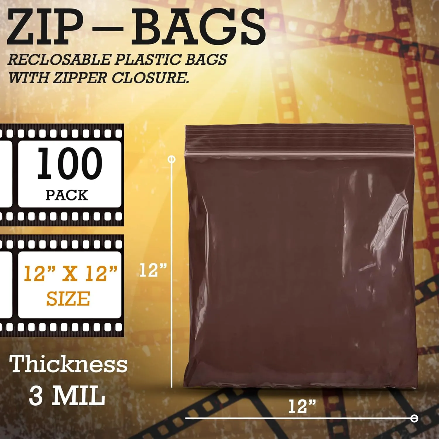 APQ Amber Zip Bags for Packaging, 12 x 12 Inch. 100 Pack Resistant Reclosable Poly Bags. 3 Mil Reclosable Plastic Bags with Zipper Closure. Waterproof Reclosable Zipper Bag. Plastic Zip Baggies