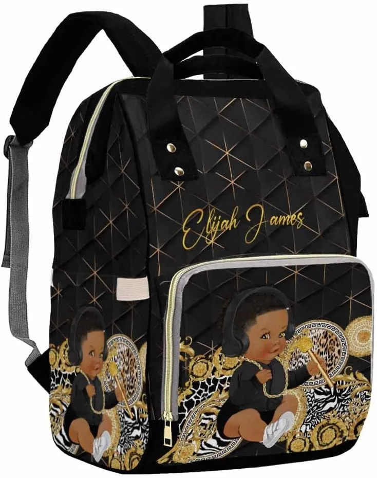 Artsadd Personalized Diaper Bag Backpack, Golden Stripe Necklace Nappy Backpack Large Travel Shoulder Bag Customized Multifunction Baby Bags for Boys Baby Shower Gifts