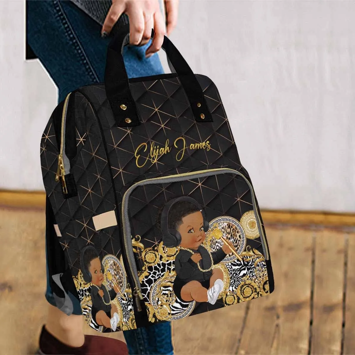 Artsadd Personalized Diaper Bag Backpack, Golden Stripe Necklace Nappy Backpack Large Travel Shoulder Bag Customized Multifunction Baby Bags for Boys Baby Shower Gifts