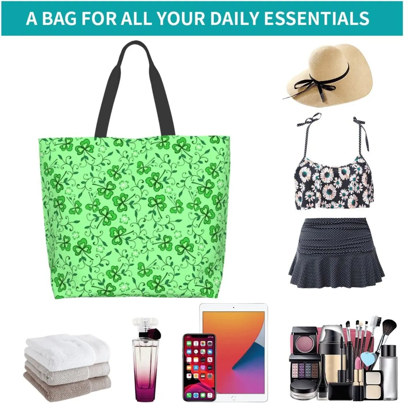 ASYG St Patrick Tote Shoulder Bag Green Clover Grocery Bags Storage Handle Shopping Bag Portable Bag