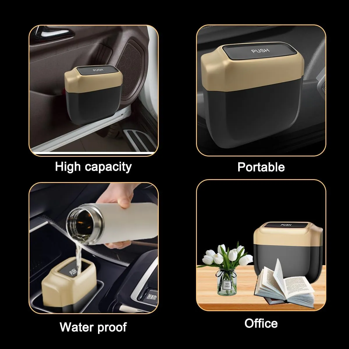 AUCELI 2PCS Car Trash Can with Lid, Mini Automotive Built-in Storage Organizer Garbage Bag, Leakproof Vehicle Trash Bin with 4 Trash Bag, Universal for Home Office Kitchen Bedroom（Golden/2PCS）