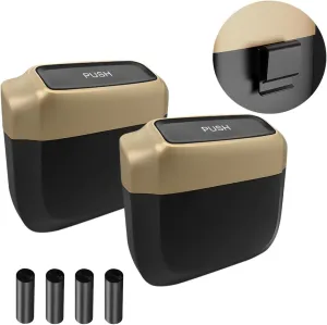 AUCELI 2PCS Car Trash Can with Lid, Mini Automotive Built-in Storage Organizer Garbage Bag, Leakproof Vehicle Trash Bin with 4 Trash Bag, Universal for Home Office Kitchen Bedroom（Golden/2PCS）