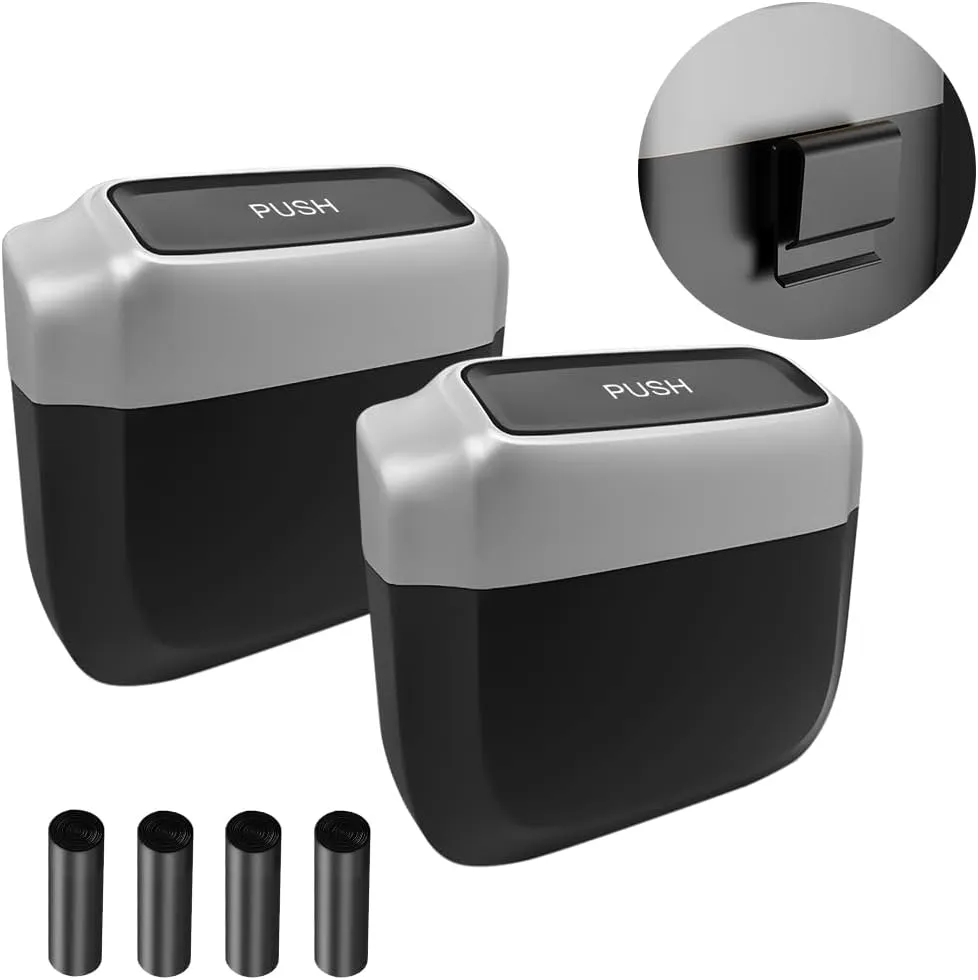 AUCELI 2PCS Car Trash Can with Lid, Mini Automotive Built-in Storage Organizer Garbage Bag, Leakproof Vehicle Trash Bin with 4 Trash Bag, Universal for Home Office Kitchen Bedroom（Silver/2PCS）