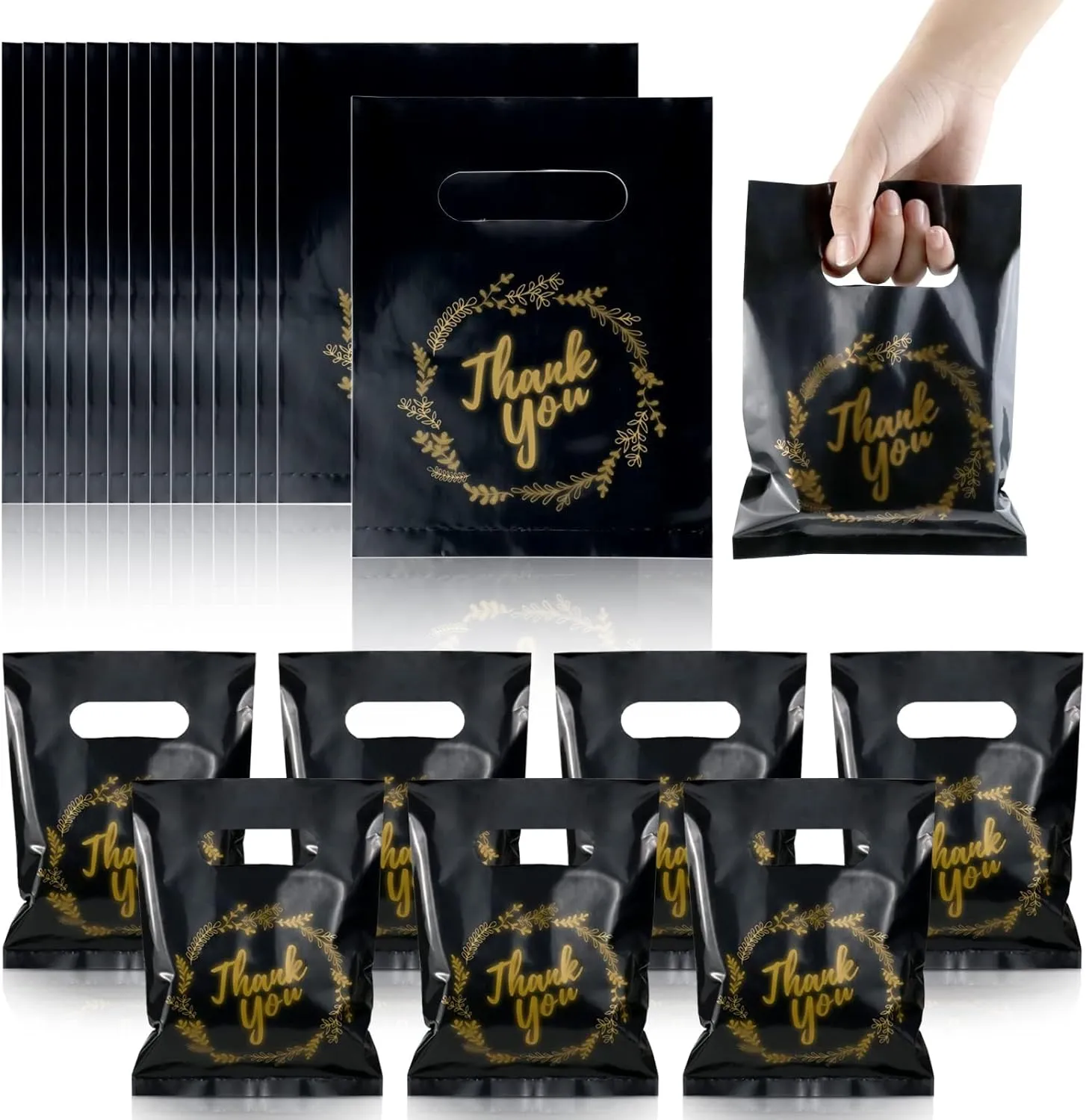 BadenBach 200 Pack Small Thank You Bags, 8" x 6", Black Plastic Shopping Bag Bulk Cute Retail Thank You Gift Bags Goodie Bag for Small Business Boutique Wedding Birthday Baby Shower Mother's Day