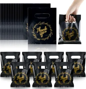BadenBach 200 Pack Small Thank You Bags, 8" x 6", Black Plastic Shopping Bag Bulk Cute Retail Thank You Gift Bags Goodie Bag for Small Business Boutique Wedding Birthday Baby Shower Mother's Day
