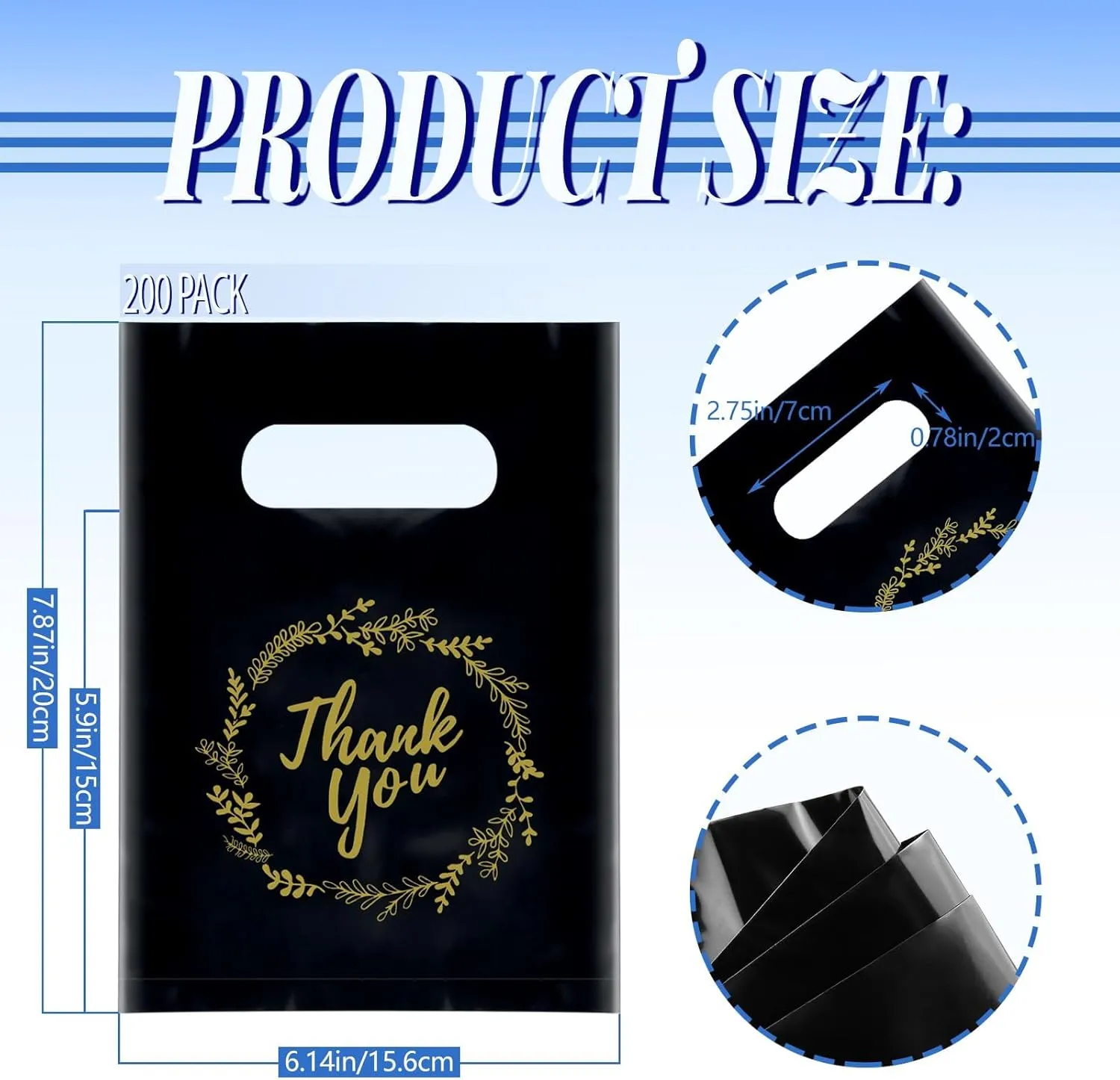 BadenBach 200 Pack Small Thank You Bags, 8" x 6", Black Plastic Shopping Bag Bulk Cute Retail Thank You Gift Bags Goodie Bag for Small Business Boutique Wedding Birthday Baby Shower Mother's Day