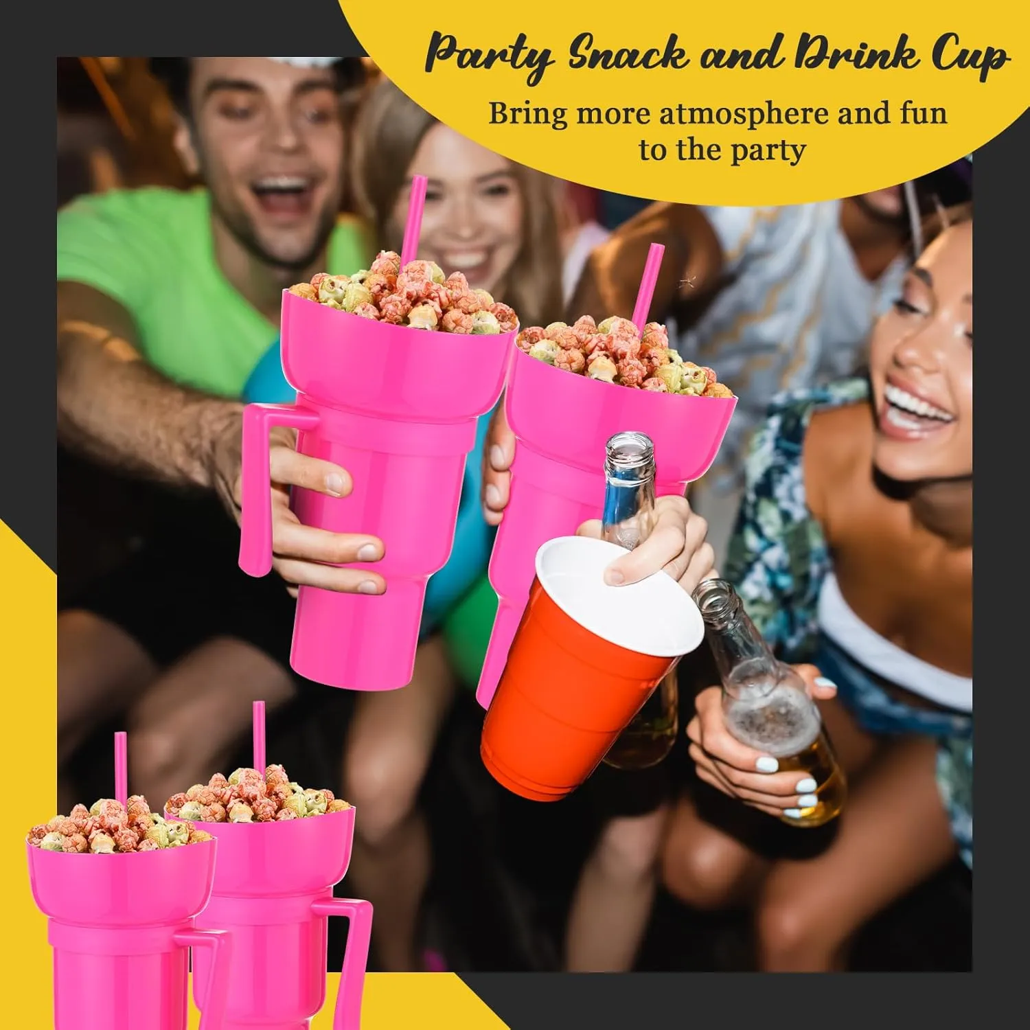 Baderke 1 Pcs Snack and Drink Cup 32 oz Stadium Tumbler with Bowl 2 in 1 Travel Cup Leak Proof Portable Reusable Snack Tumbler with Bowl on Top and Straw (Rose Red)