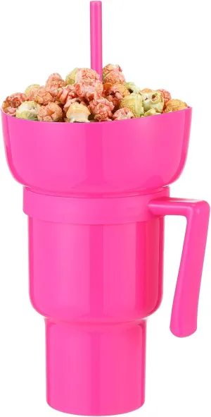 Baderke 1 Pcs Snack and Drink Cup 32 oz Stadium Tumbler with Bowl 2 in 1 Travel Cup Leak Proof Portable Reusable Snack Tumbler with Bowl on Top and Straw (Rose Red)