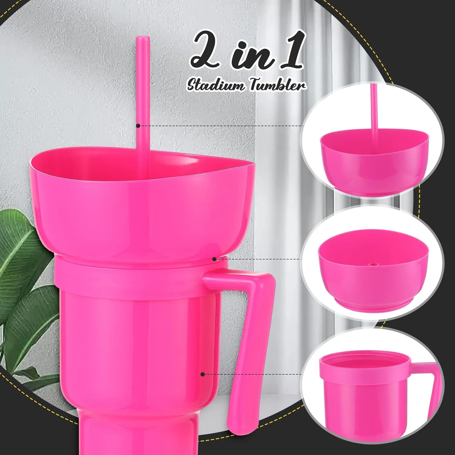 Baderke 1 Pcs Snack and Drink Cup 32 oz Stadium Tumbler with Bowl 2 in 1 Travel Cup Leak Proof Portable Reusable Snack Tumbler with Bowl on Top and Straw (Rose Red)