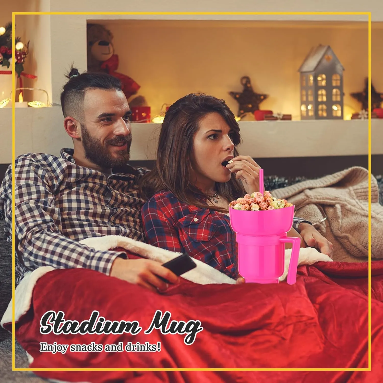 Baderke 1 Pcs Snack and Drink Cup 32 oz Stadium Tumbler with Bowl 2 in 1 Travel Cup Leak Proof Portable Reusable Snack Tumbler with Bowl on Top and Straw (Rose Red)