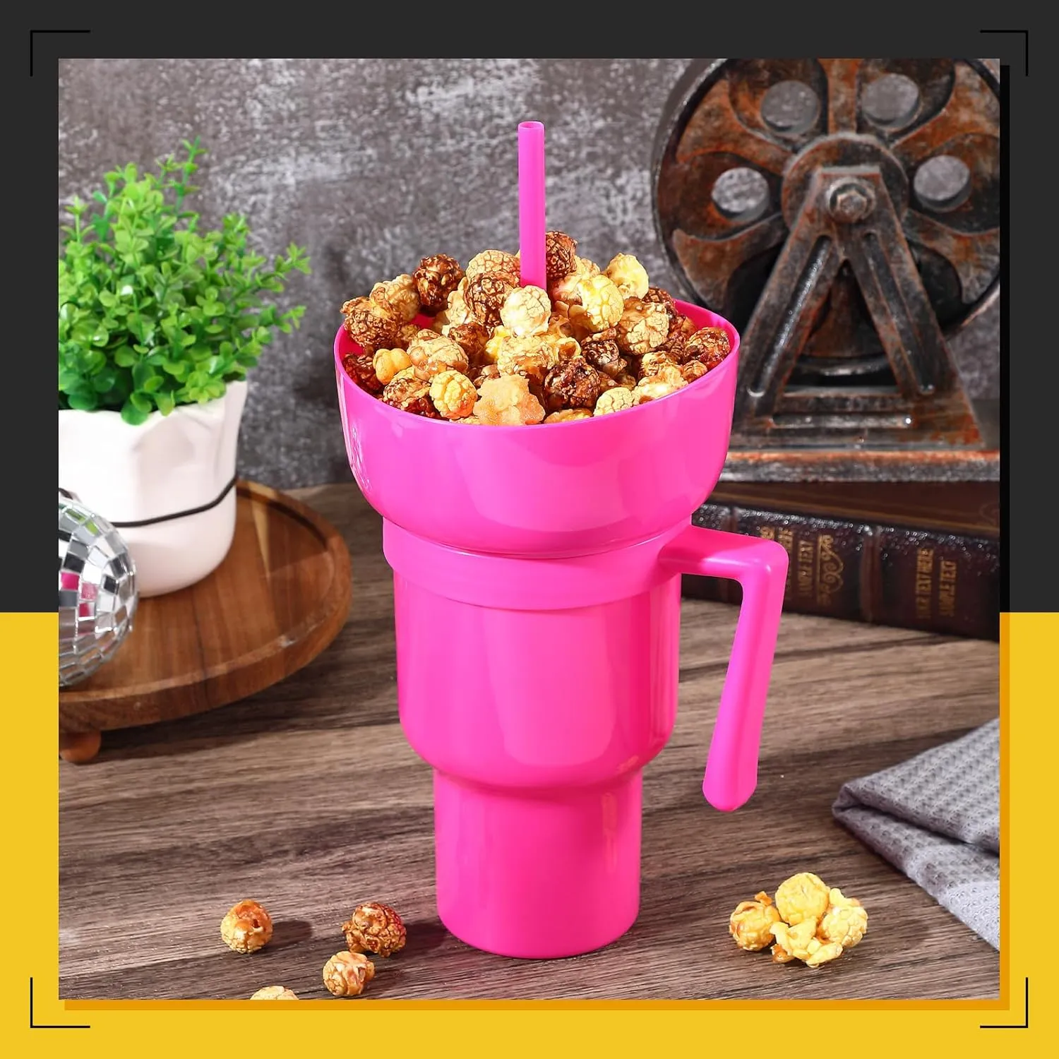 Baderke 1 Pcs Snack and Drink Cup 32 oz Stadium Tumbler with Bowl 2 in 1 Travel Cup Leak Proof Portable Reusable Snack Tumbler with Bowl on Top and Straw (Rose Red)