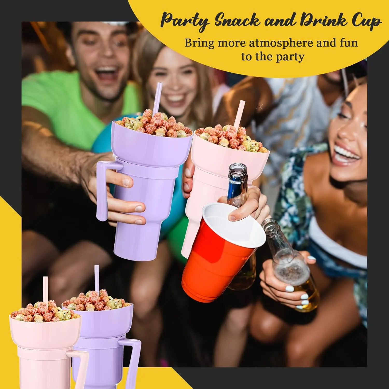 Baderke 2 Pcs Plastic 32 oz Stadium Tumbler with Snack Bowl, Leak Proof Travel Cup for Drinks and Snacks, Portable Reusable Insulated Cup for Adults, 2 Count