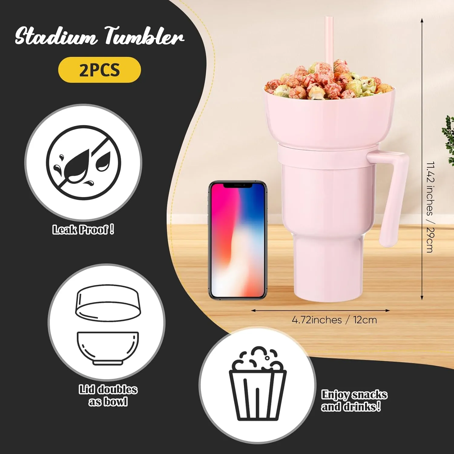Baderke 2 Pcs Plastic 32 oz Stadium Tumbler with Snack Bowl, Leak Proof Travel Cup for Drinks and Snacks, Portable Reusable Insulated Cup for Adults, 2 Count