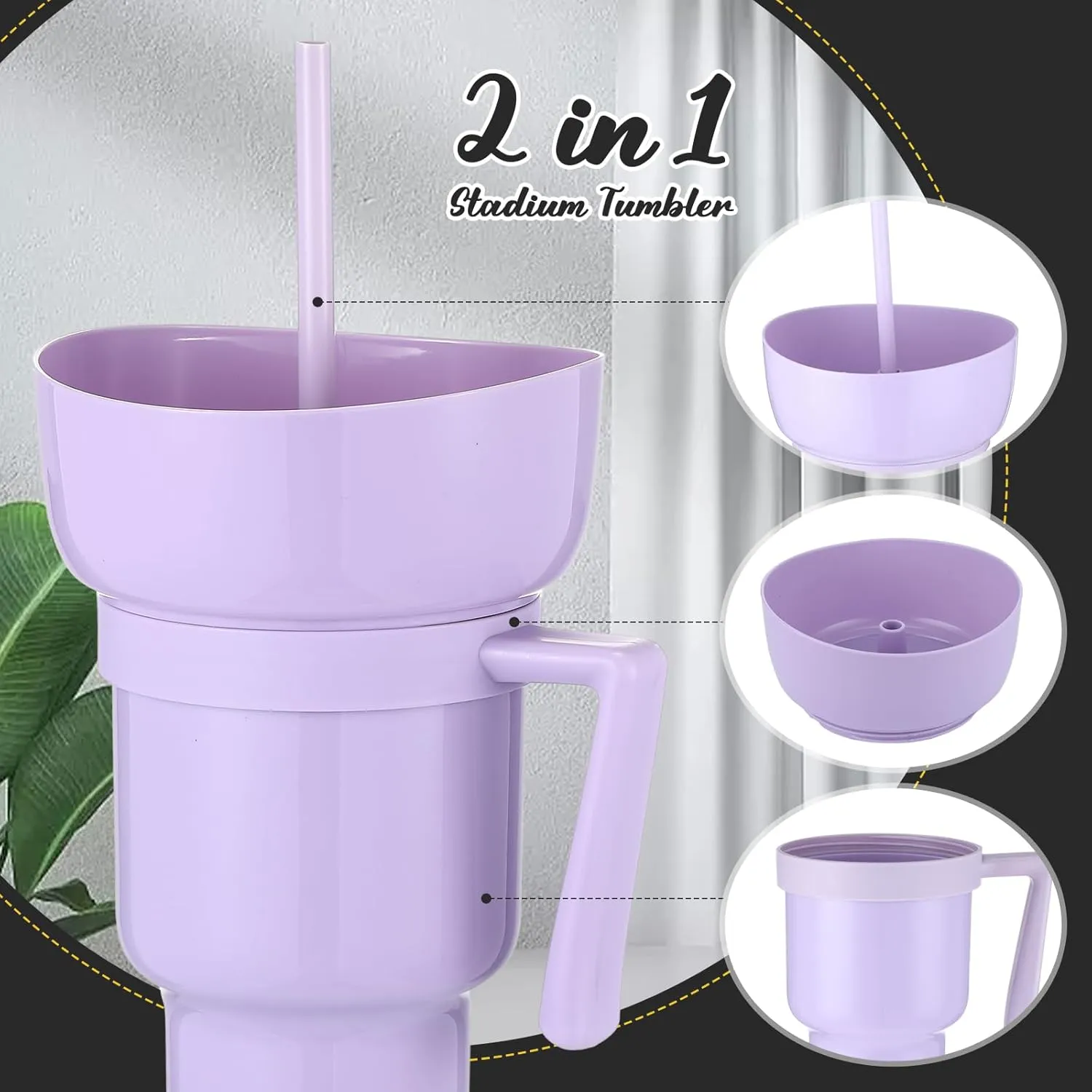 Baderke 2 Pcs Plastic 32 oz Stadium Tumbler with Snack Bowl, Leak Proof Travel Cup for Drinks and Snacks, Portable Reusable Insulated Cup for Adults, 2 Count