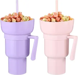 Baderke 2 Pcs Plastic 32 oz Stadium Tumbler with Snack Bowl, Leak Proof Travel Cup for Drinks and Snacks, Portable Reusable Insulated Cup for Adults, 2 Count