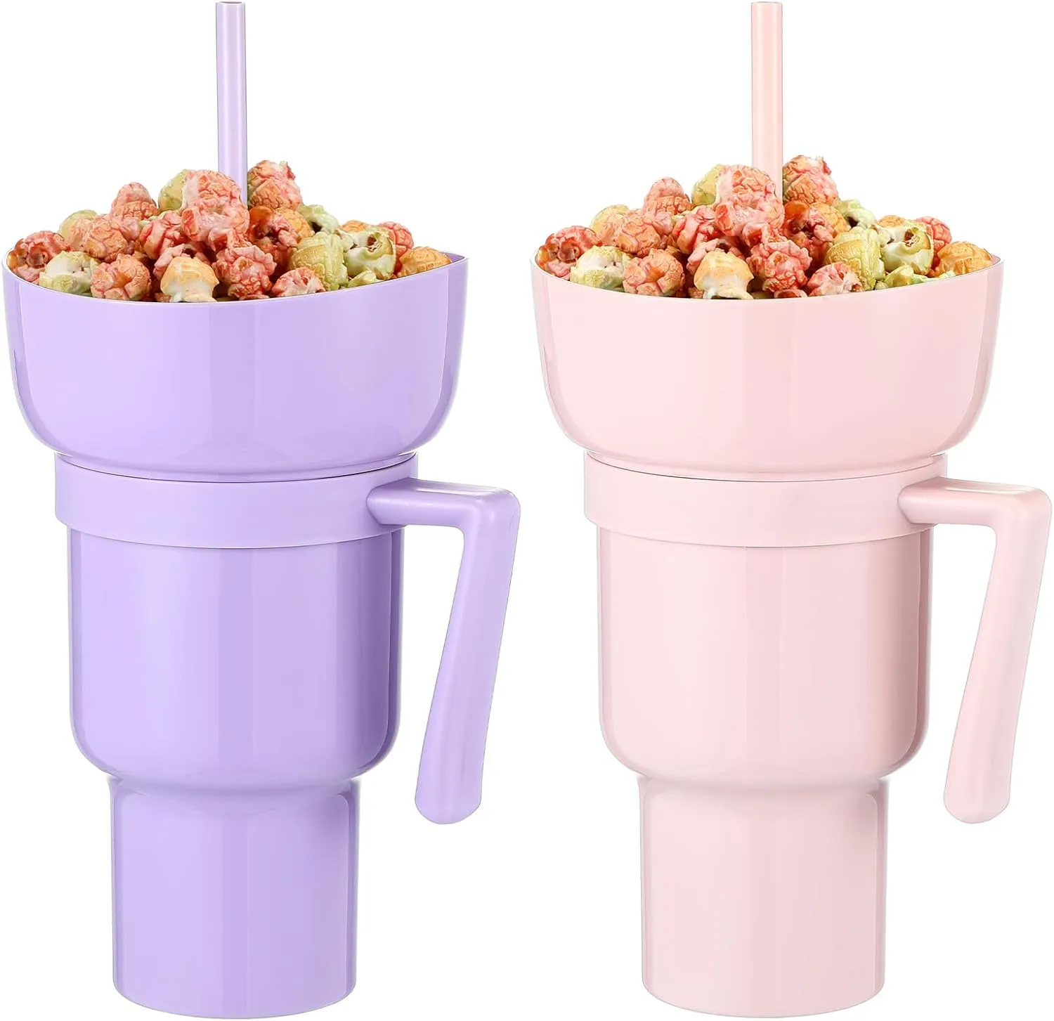 Baderke 2 Pcs Plastic 32 oz Stadium Tumbler with Snack Bowl, Leak Proof Travel Cup for Drinks and Snacks, Portable Reusable Insulated Cup for Adults, 2 Count