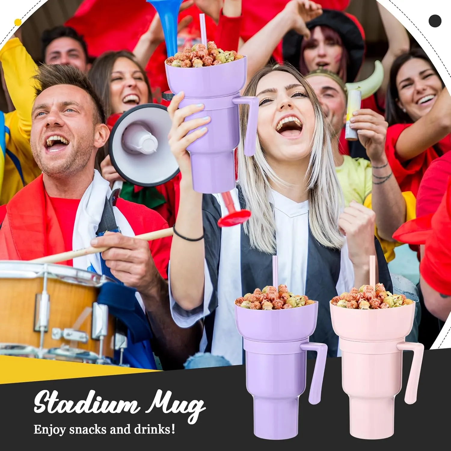 Baderke 2 Pcs Plastic 32 oz Stadium Tumbler with Snack Bowl, Leak Proof Travel Cup for Drinks and Snacks, Portable Reusable Insulated Cup for Adults, 2 Count