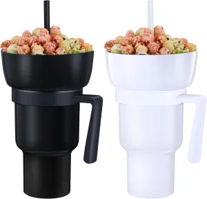 Baderke 2 Pcs Snack and Drink Cup 32 oz Stadium Tumbler with Bowl 2 in 1 Travel Cup Leak Proof Portable Reusable Snack Tumbler with Bowl on Top and Straw (Black,White)