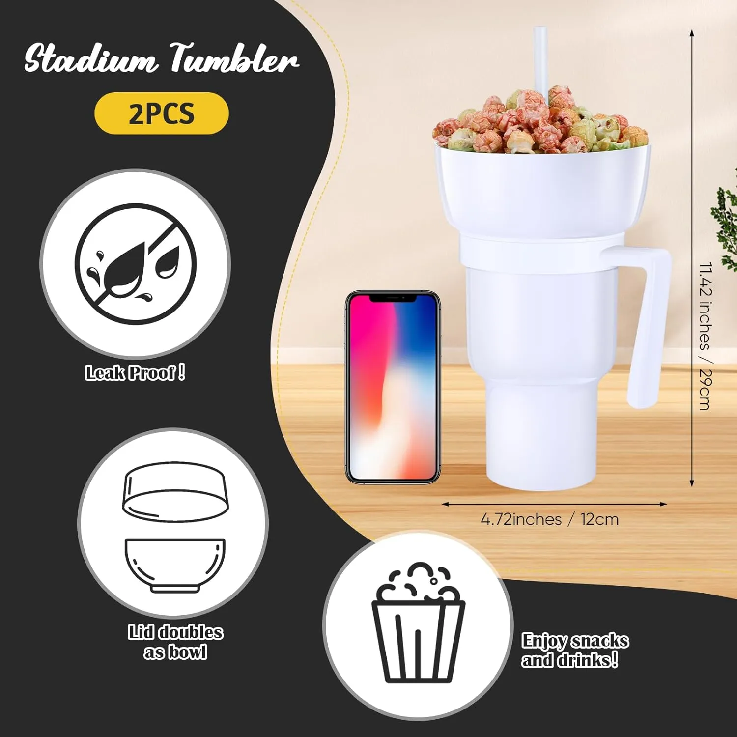 Baderke 2 Pcs Snack and Drink Cup 32 oz Stadium Tumbler with Bowl 2 in 1 Travel Cup Leak Proof Portable Reusable Snack Tumbler with Bowl on Top and Straw (Black,White)
