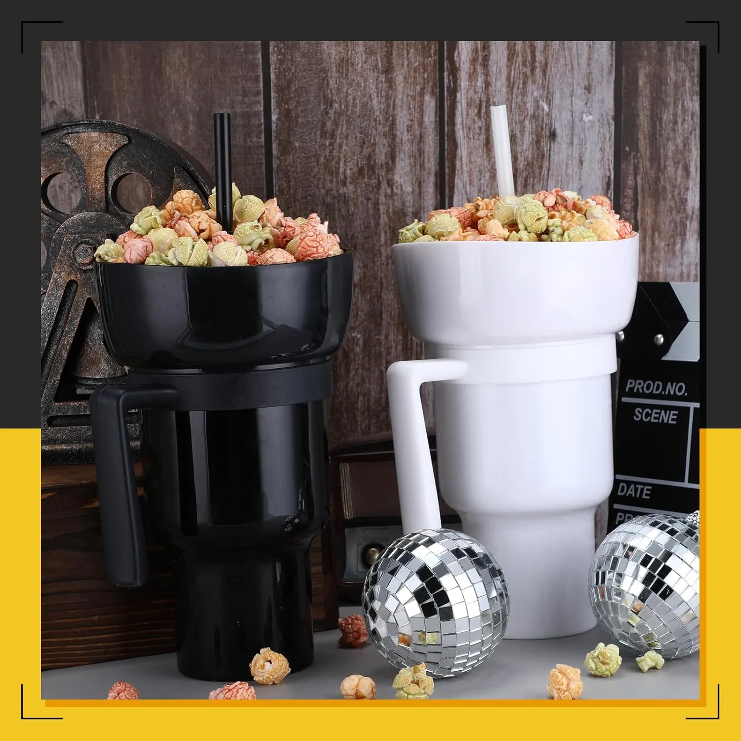Baderke 2 Pcs Snack and Drink Cup 32 oz Stadium Tumbler with Bowl 2 in 1 Travel Cup Leak Proof Portable Reusable Snack Tumbler with Bowl on Top and Straw (Black,White)