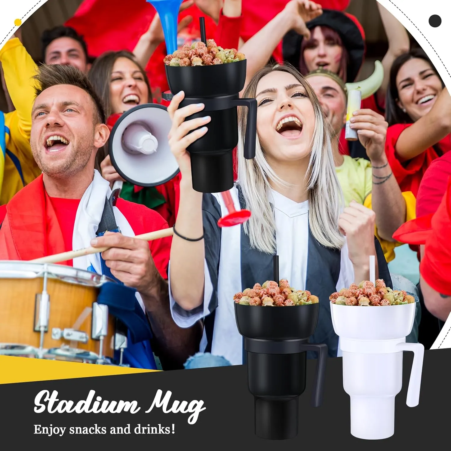 Baderke 2 Pcs Snack and Drink Cup 32 oz Stadium Tumbler with Bowl 2 in 1 Travel Cup Leak Proof Portable Reusable Snack Tumbler with Bowl on Top and Straw (Black,White)