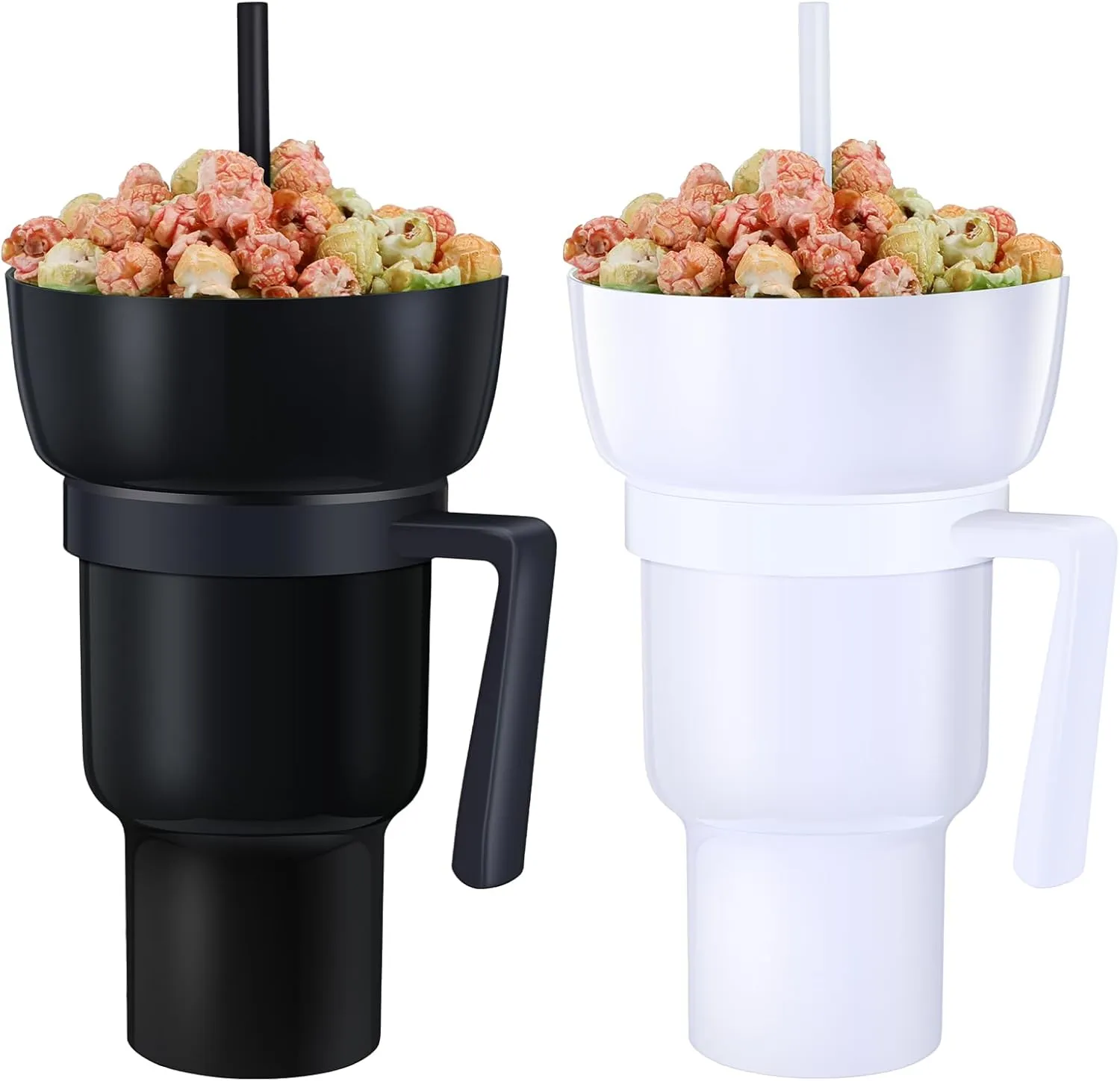 Baderke 2 Pcs Snack and Drink Cup 32 oz Stadium Tumbler with Bowl 2 in 1 Travel Cup Leak Proof Portable Reusable Snack Tumbler with Bowl on Top and Straw (Black,White)