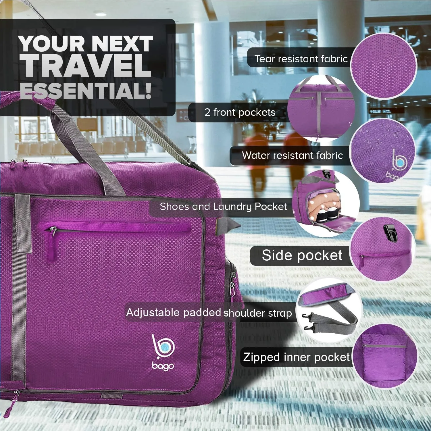 Bago Large Foldable Duffel Bags for Traveling Women & Men - 120L Packable Duffle Bag for Travel with Shoe Compartment - Water Repellant, Heavy Duty, Lightweight Folding & Collapsible (Purple)