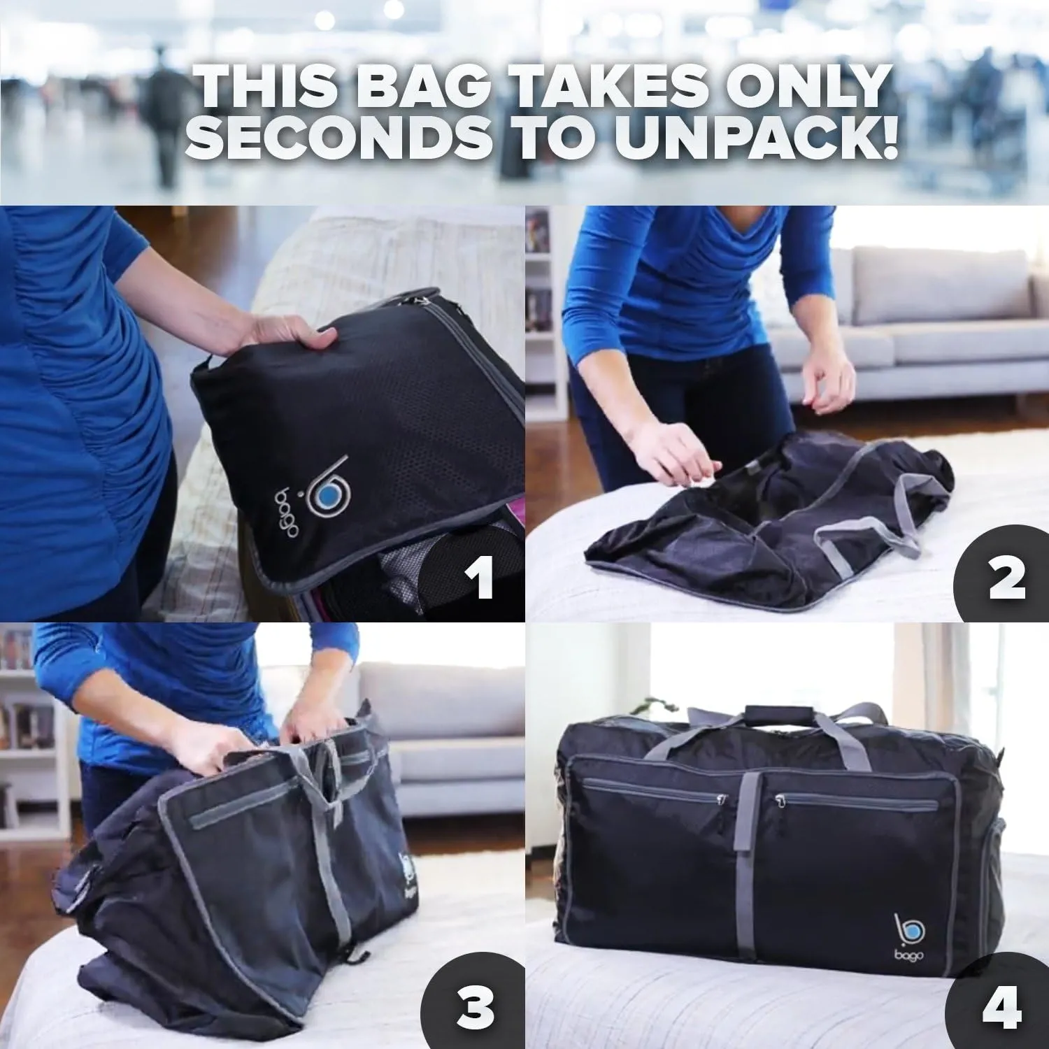 Bago Large Foldable Duffel Bags for Traveling Women & Men - 120L Packable Duffle Bag for Travel with Shoe Compartment - Water Repellant, Heavy Duty, Lightweight Folding & Collapsible (Purple)