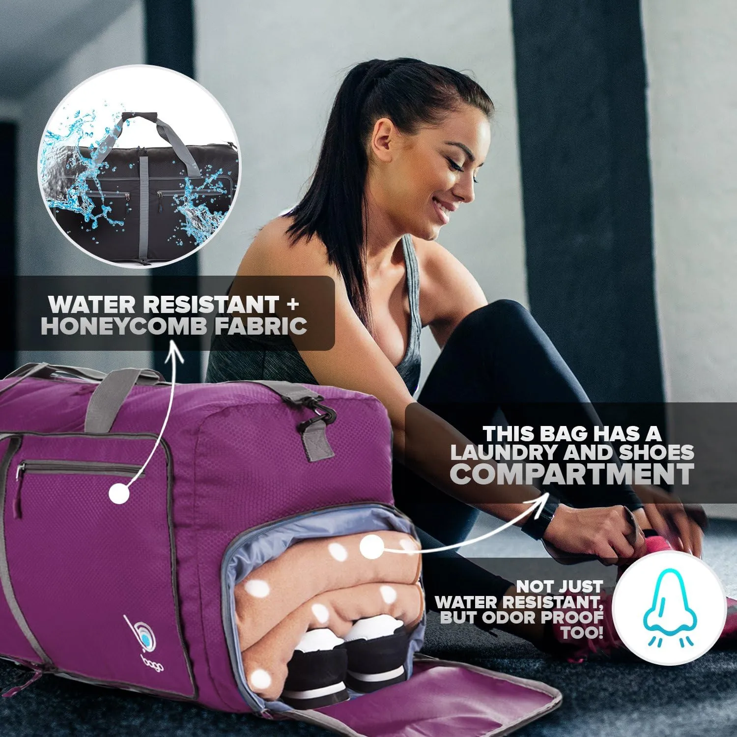 Bago Large Foldable Duffel Bags for Traveling Women & Men - 120L Packable Duffle Bag for Travel with Shoe Compartment - Water Repellant, Heavy Duty, Lightweight Folding & Collapsible (Purple)