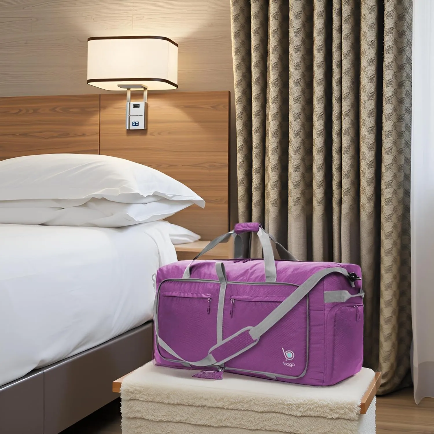Bago Large Foldable Duffel Bags for Traveling Women & Men - 120L Packable Duffle Bag for Travel with Shoe Compartment - Water Repellant, Heavy Duty, Lightweight Folding & Collapsible (Purple)