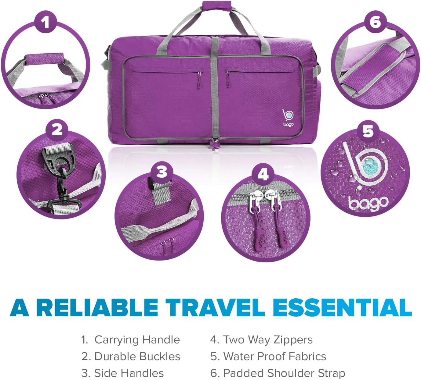 Bago Large Foldable Duffel Bags for Traveling Women & Men - 120L Packable Duffle Bag for Travel with Shoe Compartment - Water Repellant, Heavy Duty, Lightweight Folding & Collapsible (Purple)