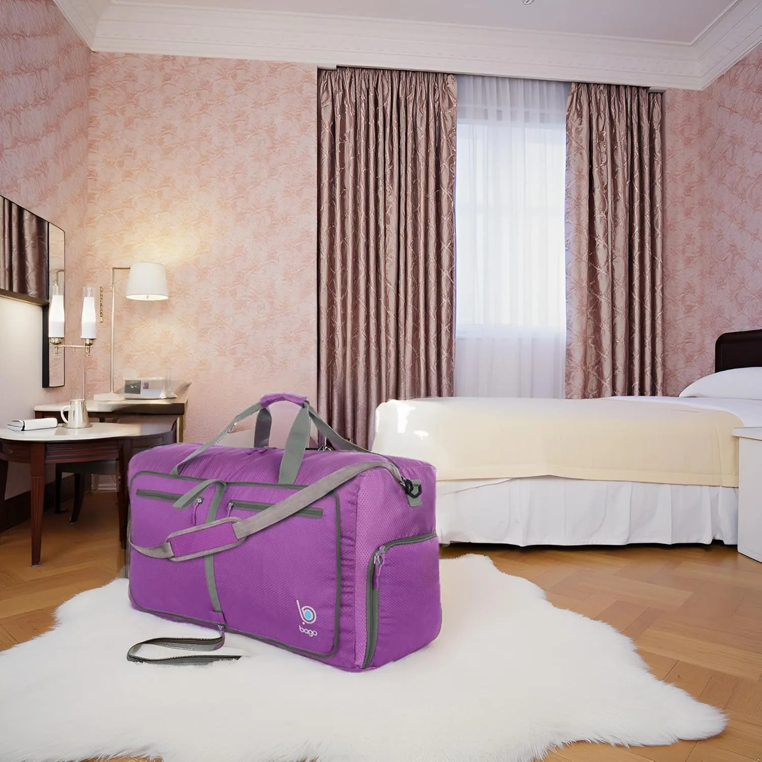Bago Large Foldable Duffel Bags for Traveling Women & Men - 120L Packable Duffle Bag for Travel with Shoe Compartment - Water Repellant, Heavy Duty, Lightweight Folding & Collapsible (Purple)