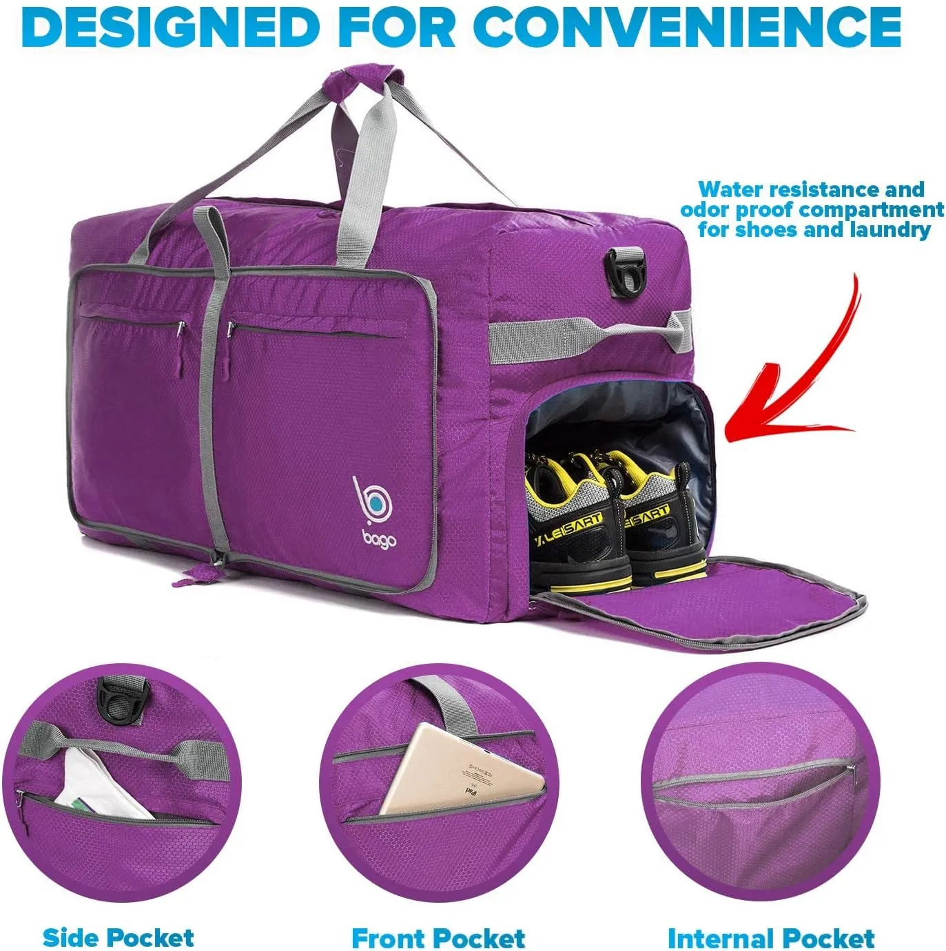 Bago Large Foldable Duffel Bags for Traveling Women & Men - 120L Packable Duffle Bag for Travel with Shoe Compartment - Water Repellant, Heavy Duty, Lightweight Folding & Collapsible (Purple)