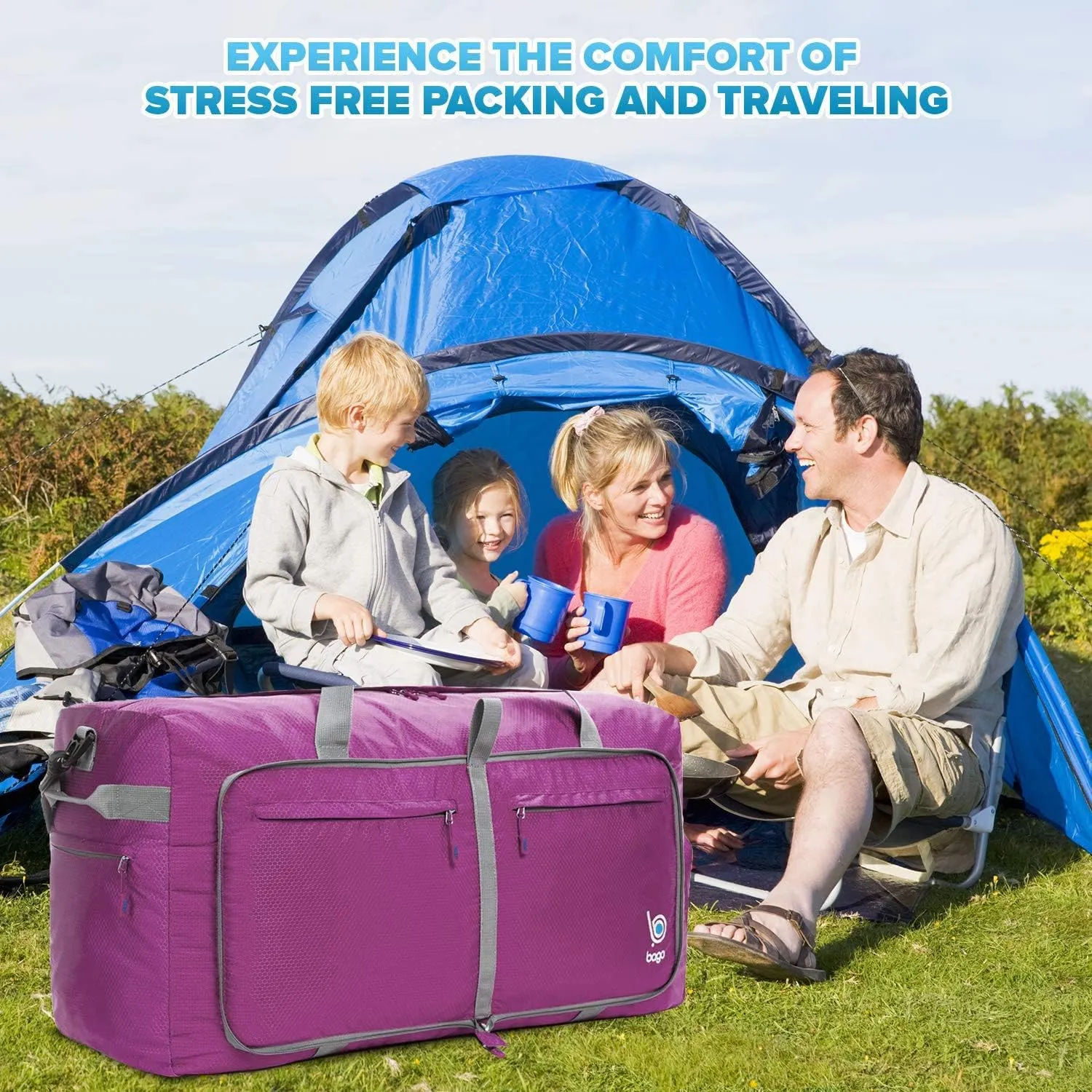 Bago Large Foldable Duffel Bags for Traveling Women & Men - 120L Packable Duffle Bag for Travel with Shoe Compartment - Water Repellant, Heavy Duty, Lightweight Folding & Collapsible (Purple)