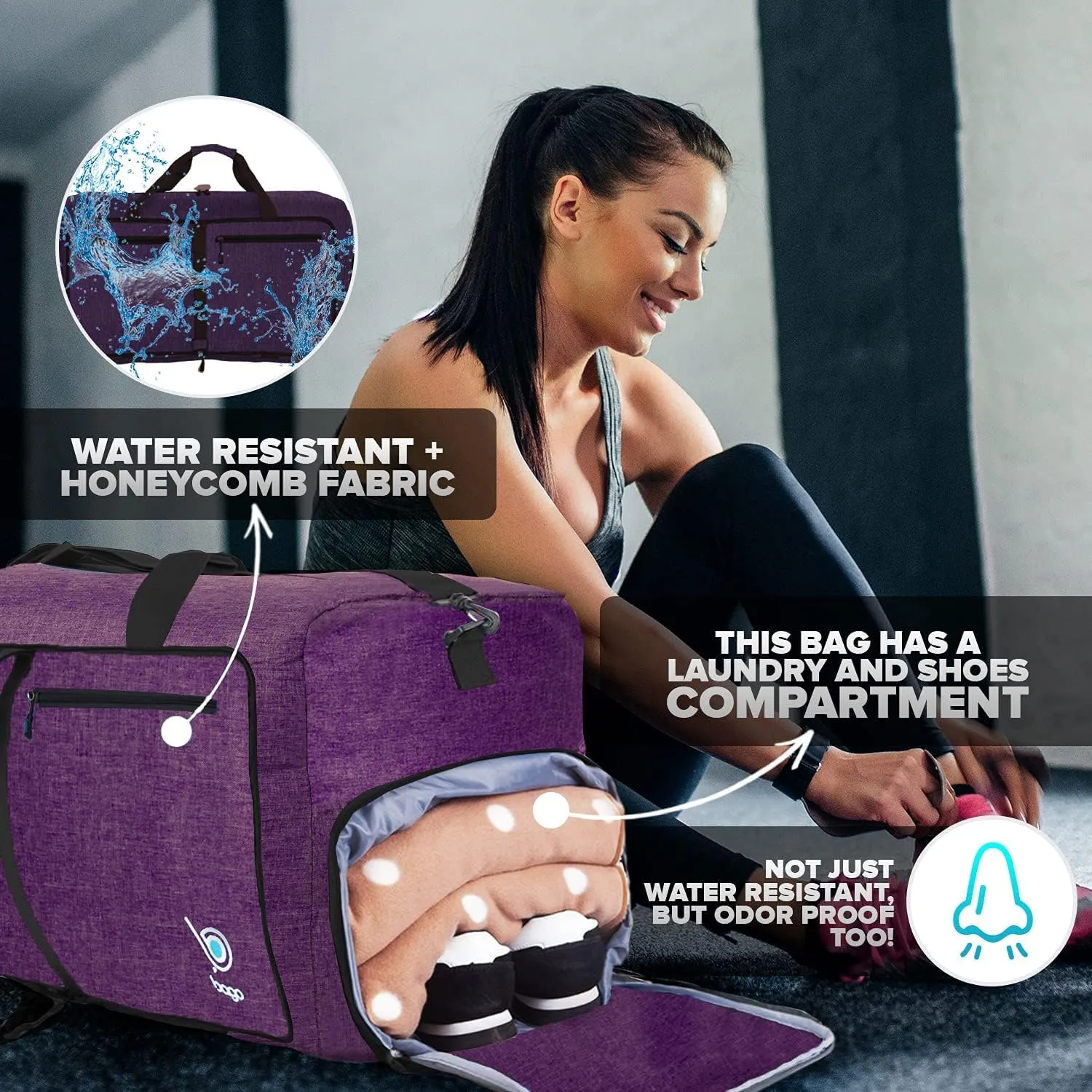 Bago Large Foldable Duffel Bags for Traveling Women & Men - 120L Packable Duffle Bag for Travel with Shoe Compartment - Water Repellant, Heavy Duty, Lightweight Folding & Collapsible (SnowDepPurple)