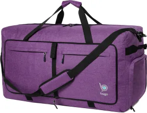 Bago Large Foldable Duffel Bags for Traveling Women & Men - 120L Packable Duffle Bag for Travel with Shoe Compartment - Water Repellant, Heavy Duty, Lightweight Folding & Collapsible (SnowDepPurple)