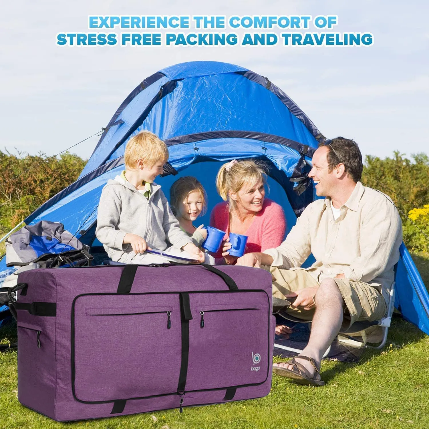 Bago Large Foldable Duffel Bags for Traveling Women & Men - 120L Packable Duffle Bag for Travel with Shoe Compartment - Water Repellant, Heavy Duty, Lightweight Folding & Collapsible (SnowDepPurple)