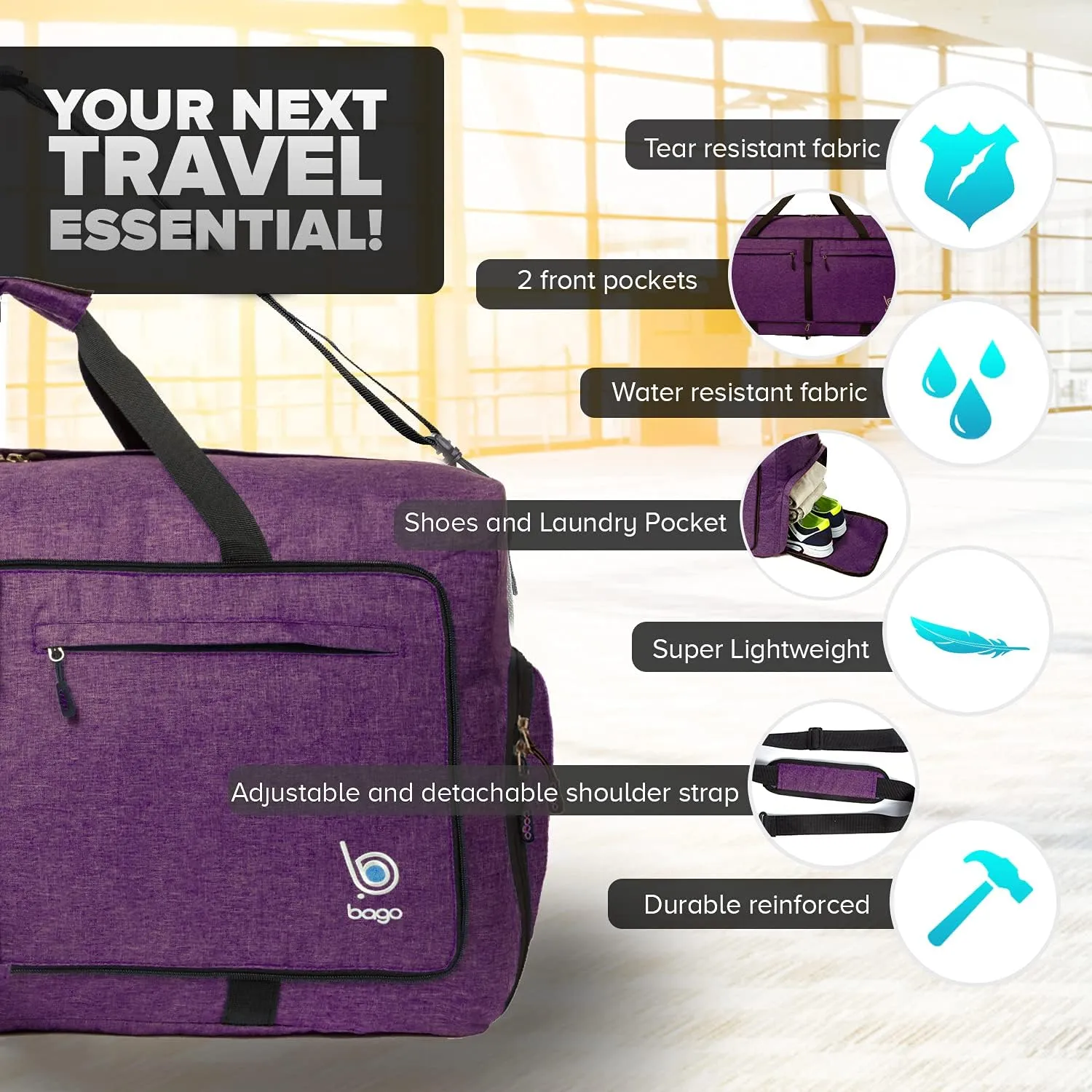 Bago Large Foldable Duffel Bags for Traveling Women & Men - 120L Packable Duffle Bag for Travel with Shoe Compartment - Water Repellant, Heavy Duty, Lightweight Folding & Collapsible (SnowDepPurple)