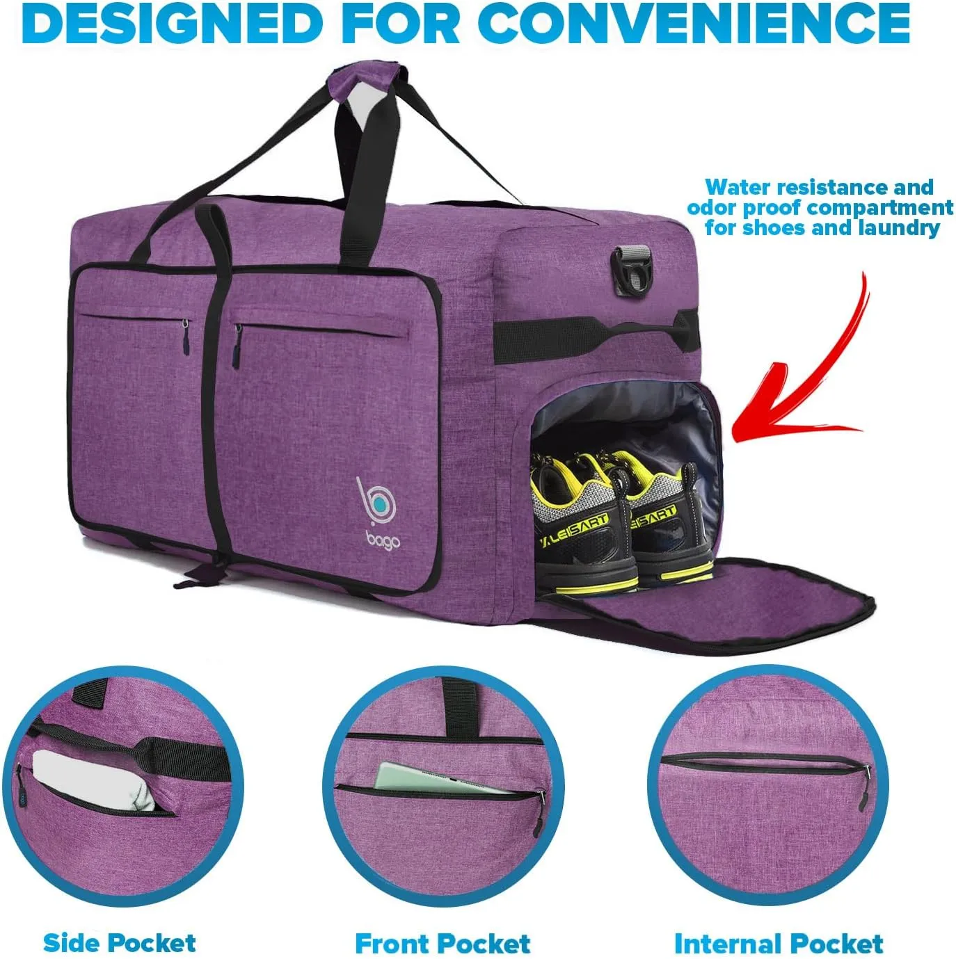 Bago Large Foldable Duffel Bags for Traveling Women & Men - 120L Packable Duffle Bag for Travel with Shoe Compartment - Water Repellant, Heavy Duty, Lightweight Folding & Collapsible (SnowDepPurple)