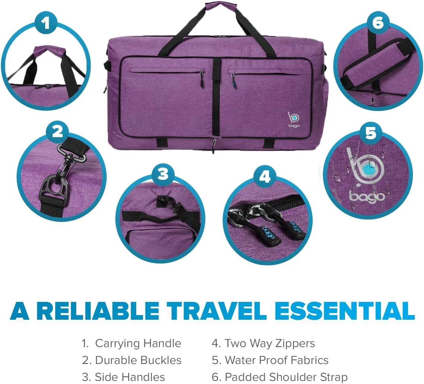 Bago Large Foldable Duffel Bags for Traveling Women & Men - 120L Packable Duffle Bag for Travel with Shoe Compartment - Water Repellant, Heavy Duty, Lightweight Folding & Collapsible (SnowDepPurple)